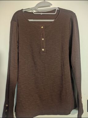 Women's Long Sleeve Henley Top in Chocolate Brown